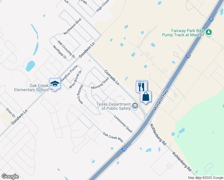 map of restaurants, bars, coffee shops, grocery stores, and more near 3345 Bluebird Ridge Drive in New Braunfels