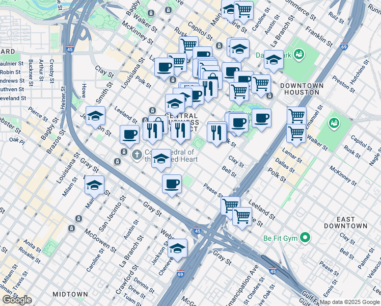 map of restaurants, bars, coffee shops, grocery stores, and more near 1521 Austin Street in Houston