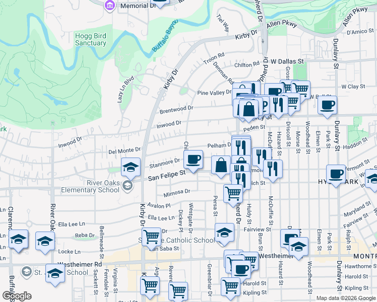 map of restaurants, bars, coffee shops, grocery stores, and more near 2248 Pelham Drive in Houston