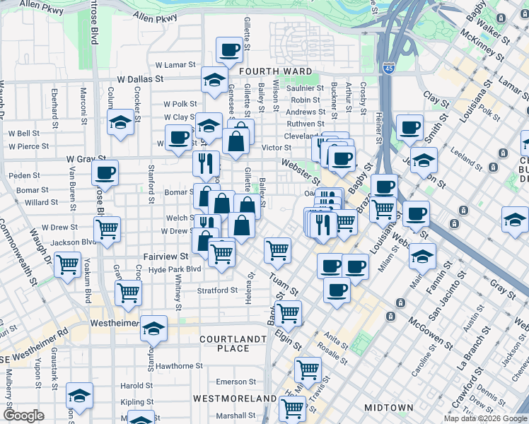 map of restaurants, bars, coffee shops, grocery stores, and more near 2007 Bailey Street in Houston