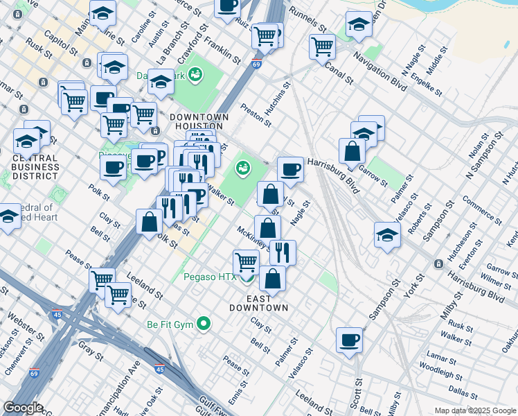 map of restaurants, bars, coffee shops, grocery stores, and more near 812 Emancipation Avenue in Houston