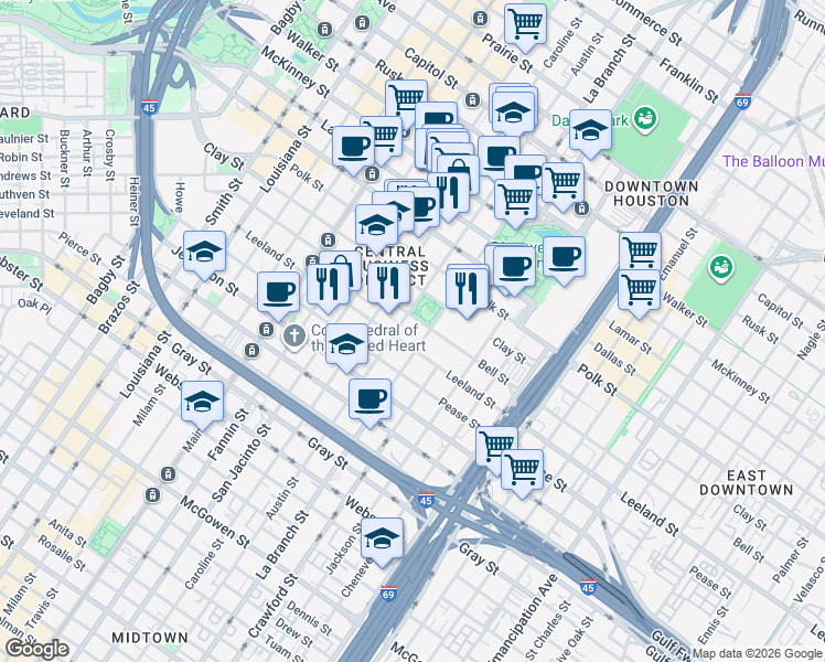 map of restaurants, bars, coffee shops, grocery stores, and more near 1515 Austin Street in Houston