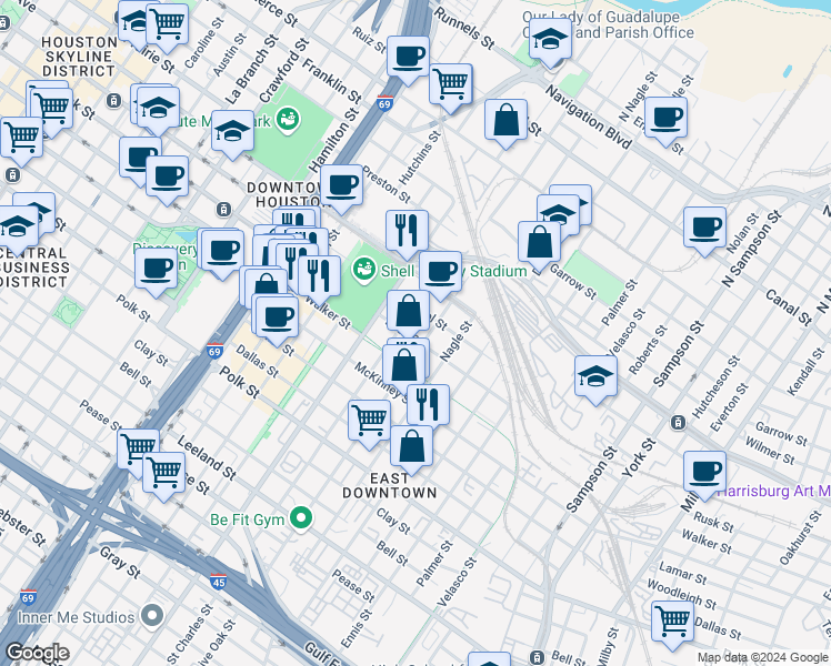 map of restaurants, bars, coffee shops, grocery stores, and more near 2545 Rusk Street in Houston