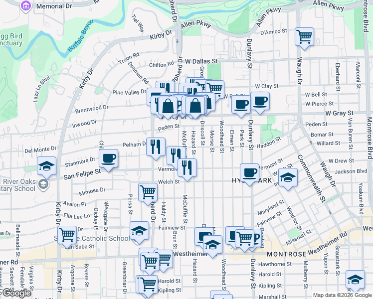map of restaurants, bars, coffee shops, grocery stores, and more near 1614 Hazard Street in Houston
