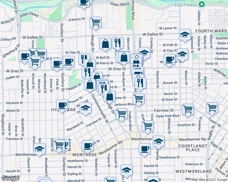 map of restaurants, bars, coffee shops, grocery stores, and more near 1307 Willard Street in Houston