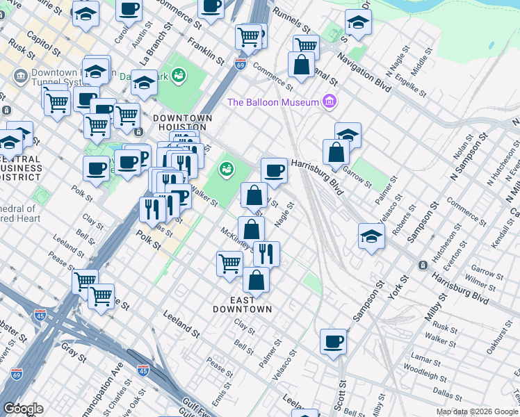 map of restaurants, bars, coffee shops, grocery stores, and more near 713 Saint Charles Street in Houston