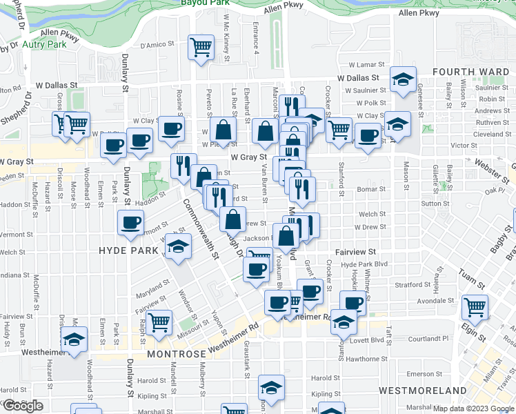 map of restaurants, bars, coffee shops, grocery stores, and more near 1203 Willard Street in Houston
