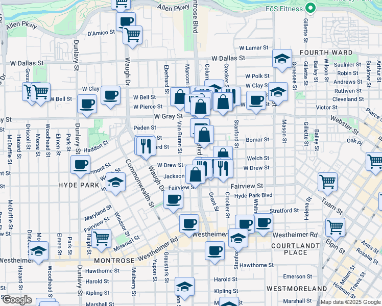 map of restaurants, bars, coffee shops, grocery stores, and more near 1112 Welch Street in Houston