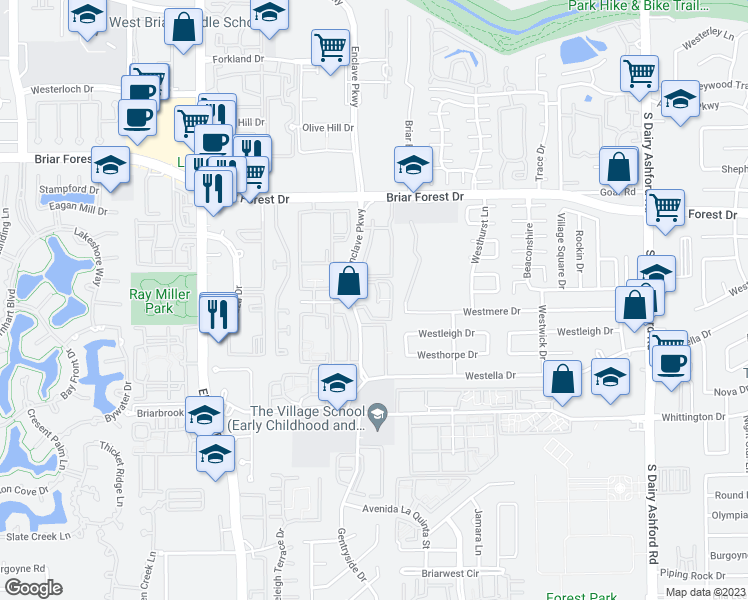 map of restaurants, bars, coffee shops, grocery stores, and more near 1715 Enclave Parkway in Houston