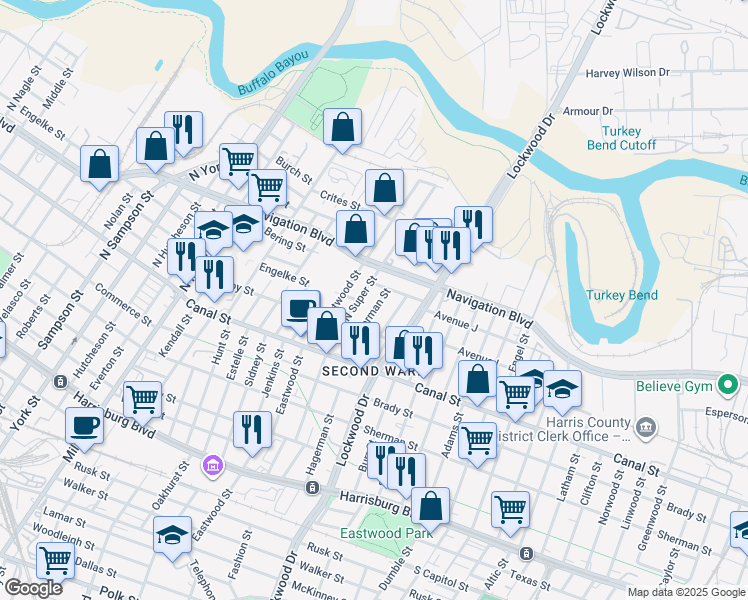 map of restaurants, bars, coffee shops, grocery stores, and more near 329 North Hagerman Street in Houston