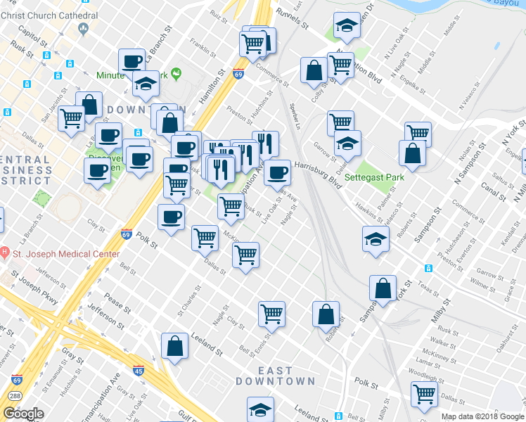 map of restaurants, bars, coffee shops, grocery stores, and more near 713 Saint Charles Street in Houston