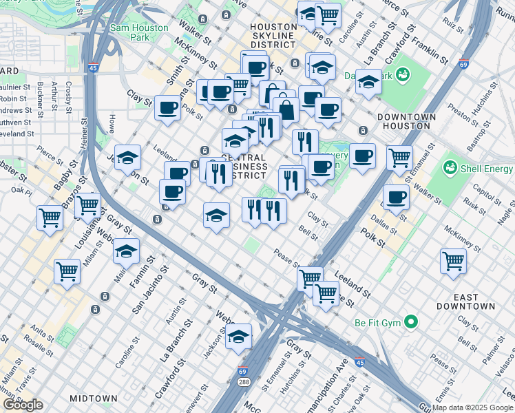 map of restaurants, bars, coffee shops, grocery stores, and more near 1400 Clay Street in Houston