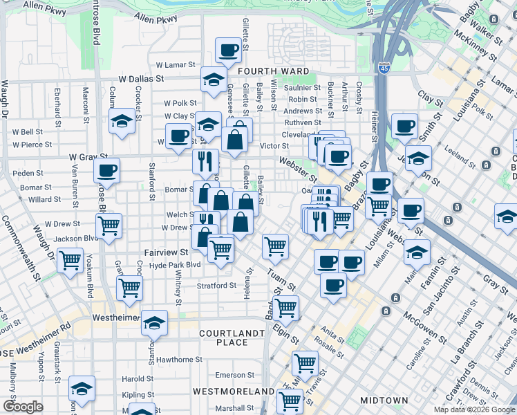 map of restaurants, bars, coffee shops, grocery stores, and more near 1923 Bailey Street in Houston