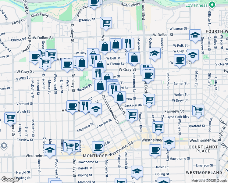 map of restaurants, bars, coffee shops, grocery stores, and more near 1823 Waugh Drive in Houston