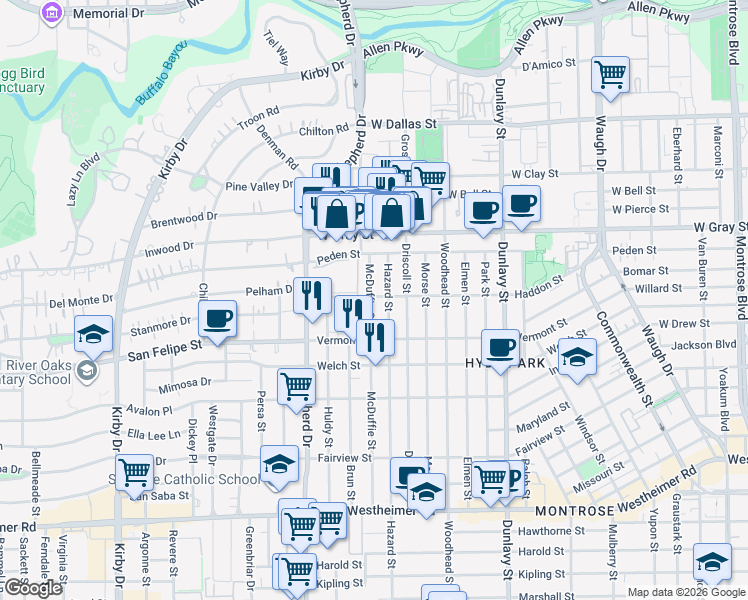 map of restaurants, bars, coffee shops, grocery stores, and more near 1614 Hazard Street in Houston