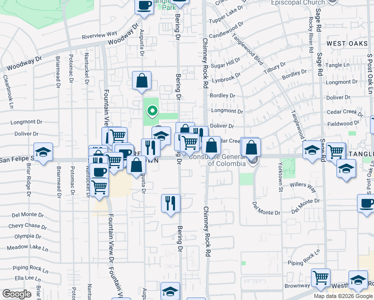map of restaurants, bars, coffee shops, grocery stores, and more near 1615 Bering Drive in Houston