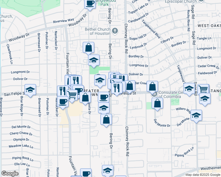 map of restaurants, bars, coffee shops, grocery stores, and more near 1615 Bering Drive in Houston