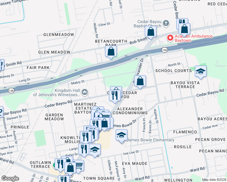 map of restaurants, bars, coffee shops, grocery stores, and more near 1410 Cedar Bayou Road in Baytown