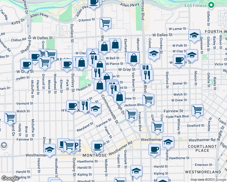 map of restaurants, bars, coffee shops, grocery stores, and more near 1823 Waugh Drive in Houston