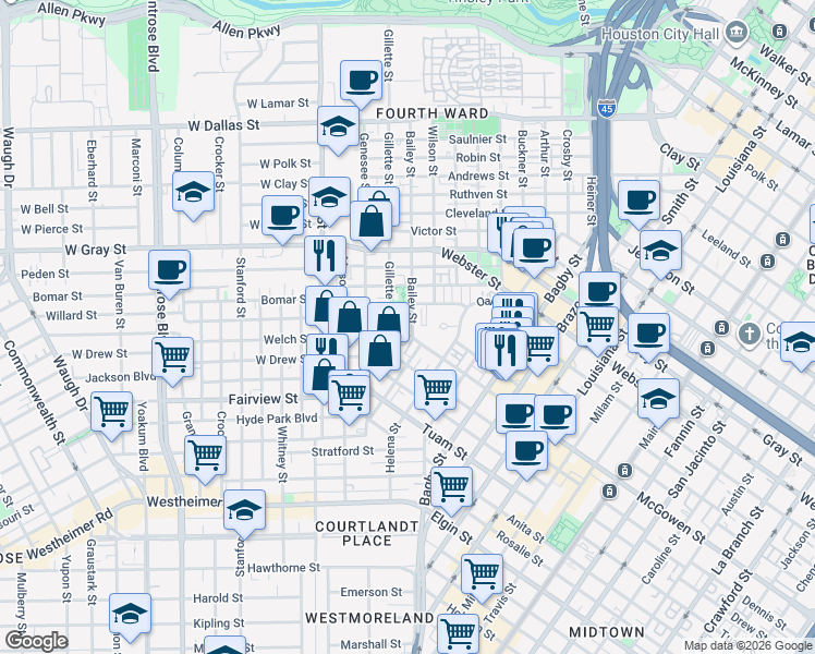 map of restaurants, bars, coffee shops, grocery stores, and more near 1923 Bailey Street in Houston