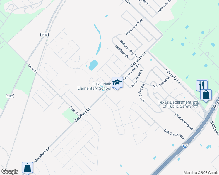 map of restaurants, bars, coffee shops, grocery stores, and more near 3055 Goodwin Lane in New Braunfels