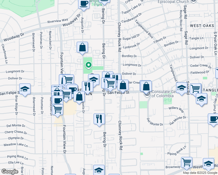 map of restaurants, bars, coffee shops, grocery stores, and more near 1615 Bering Drive in Houston