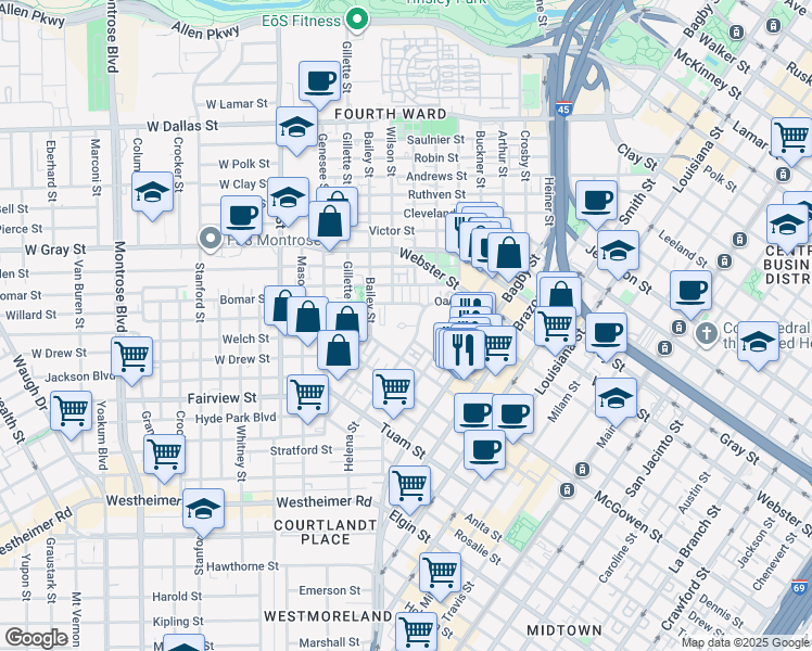 map of restaurants, bars, coffee shops, grocery stores, and more near Oak Court in Houston