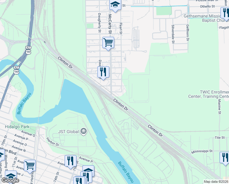map of restaurants, bars, coffee shops, grocery stores, and more near 2407 McCarty Street in Houston