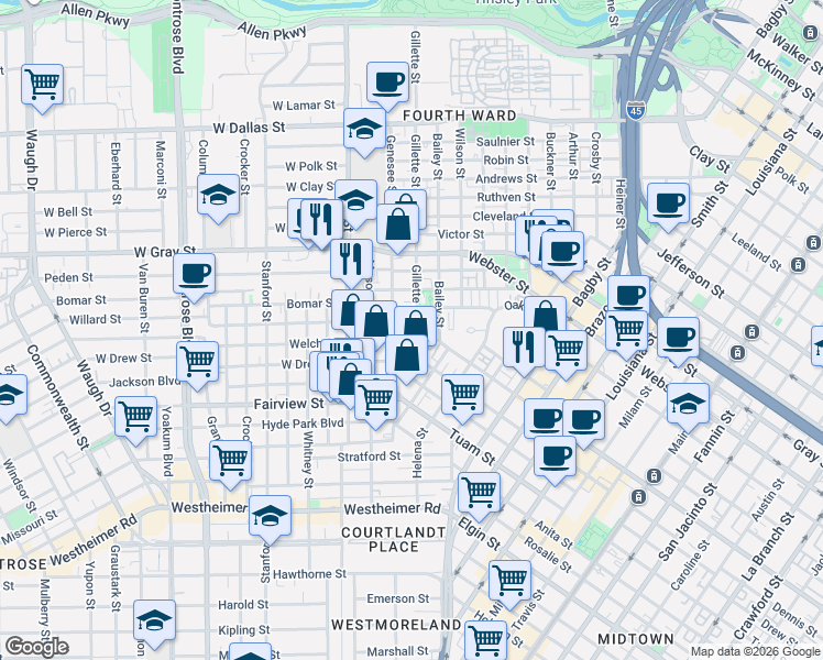 map of restaurants, bars, coffee shops, grocery stores, and more near 2104 Gillette Street in Houston