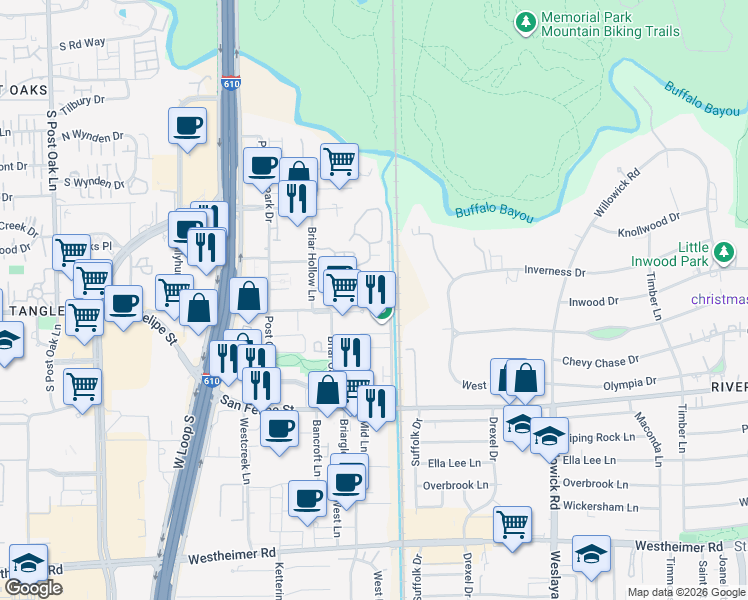 map of restaurants, bars, coffee shops, grocery stores, and more near 4544 Post Oak Place Drive in Houston