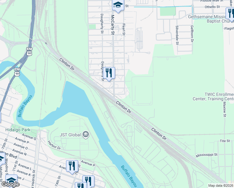 map of restaurants, bars, coffee shops, grocery stores, and more near 2407 McCarty Street in Houston