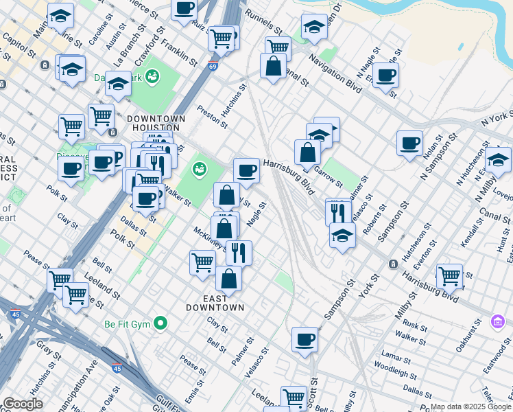 map of restaurants, bars, coffee shops, grocery stores, and more near 639 Live Oak Street in Houston