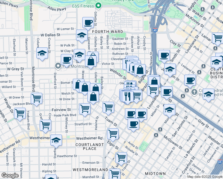 map of restaurants, bars, coffee shops, grocery stores, and more near Oak Court in Houston