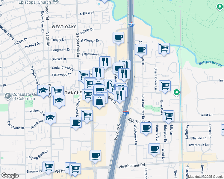 map of restaurants, bars, coffee shops, grocery stores, and more near 4718 Hallmark Drive in Houston