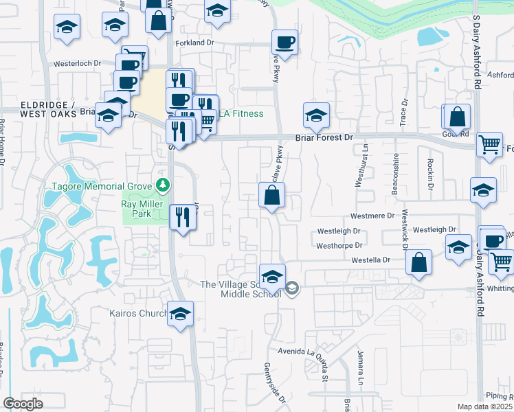 map of restaurants, bars, coffee shops, grocery stores, and more near 46 Fallsview Lane in Houston