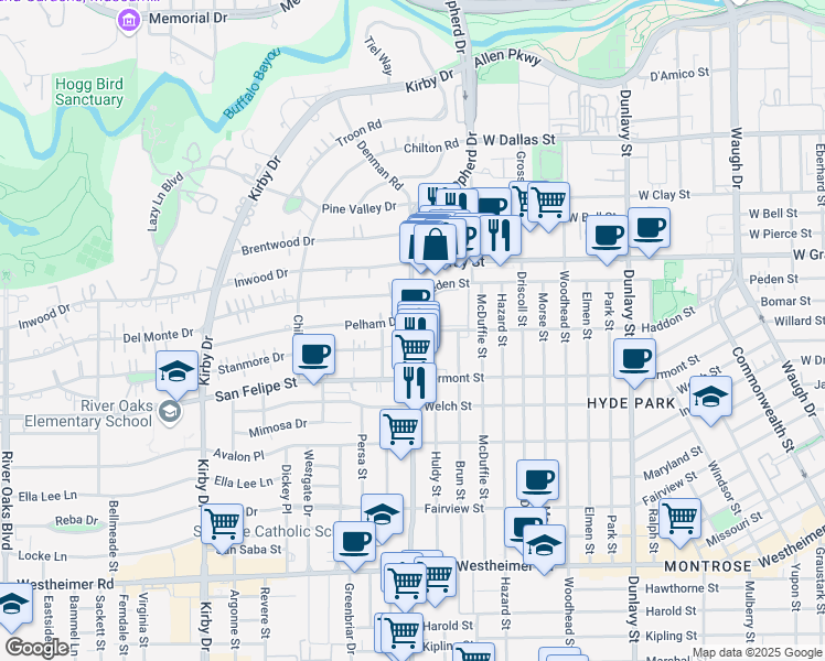 map of restaurants, bars, coffee shops, grocery stores, and more near S Shepherd Dr & Haddon St in Houston