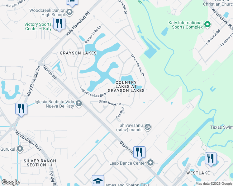 map of restaurants, bars, coffee shops, grocery stores, and more near 1902 Grayson Lakes Boulevard in Katy