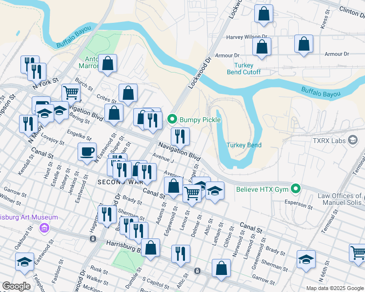 map of restaurants, bars, coffee shops, grocery stores, and more near 4905 Navigation Boulevard in Houston