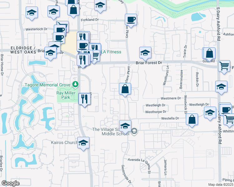 map of restaurants, bars, coffee shops, grocery stores, and more near 46 Fallsview Lane in Houston