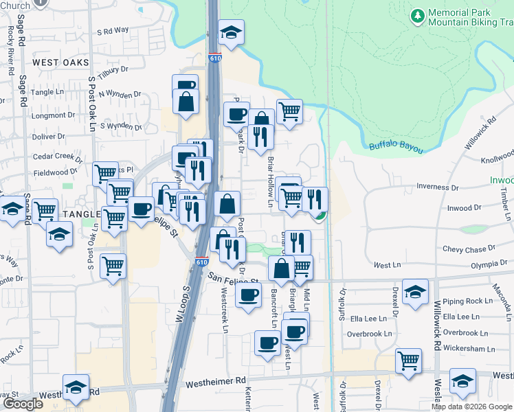 map of restaurants, bars, coffee shops, grocery stores, and more near 20 Briar Hollow Lane in Houston