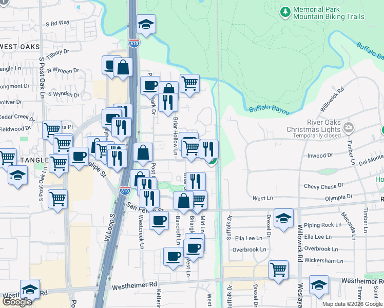 map of restaurants, bars, coffee shops, grocery stores, and more near 4552 Post Oak Place Drive in Houston