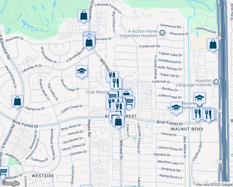 map of restaurants, bars, coffee shops, grocery stores, and more near 1100 Wilcrest Drive in Houston