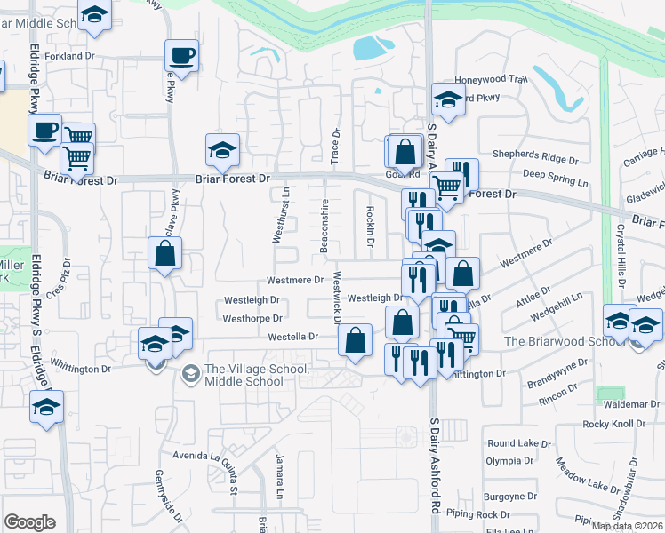 map of restaurants, bars, coffee shops, grocery stores, and more near 1672 Beaconshire in Houston