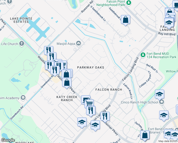 map of restaurants, bars, coffee shops, grocery stores, and more near 25226 Sterling Cloud Lane in Katy