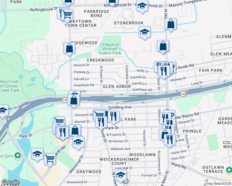 map of restaurants, bars, coffee shops, grocery stores, and more near 417 Grantham Road in Baytown