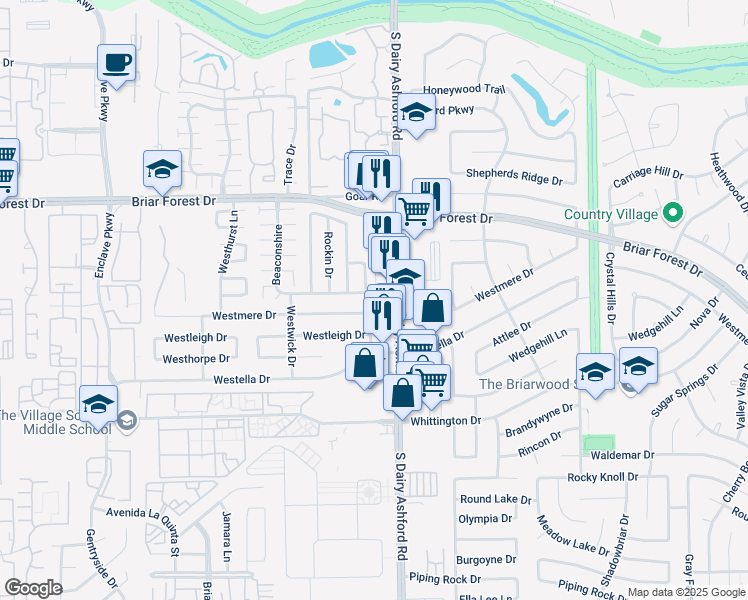 map of restaurants, bars, coffee shops, grocery stores, and more near 12619 Ashford Hills Drive in Houston