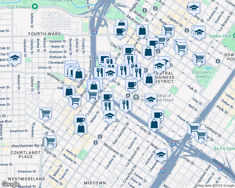 map of restaurants, bars, coffee shops, grocery stores, and more near 1900 Travis Street in Houston