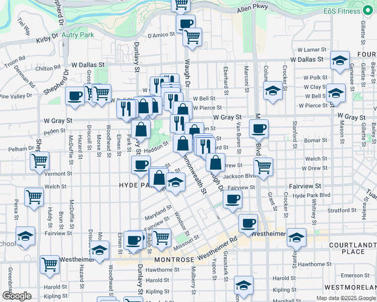 map of restaurants, bars, coffee shops, grocery stores, and more near in Houston