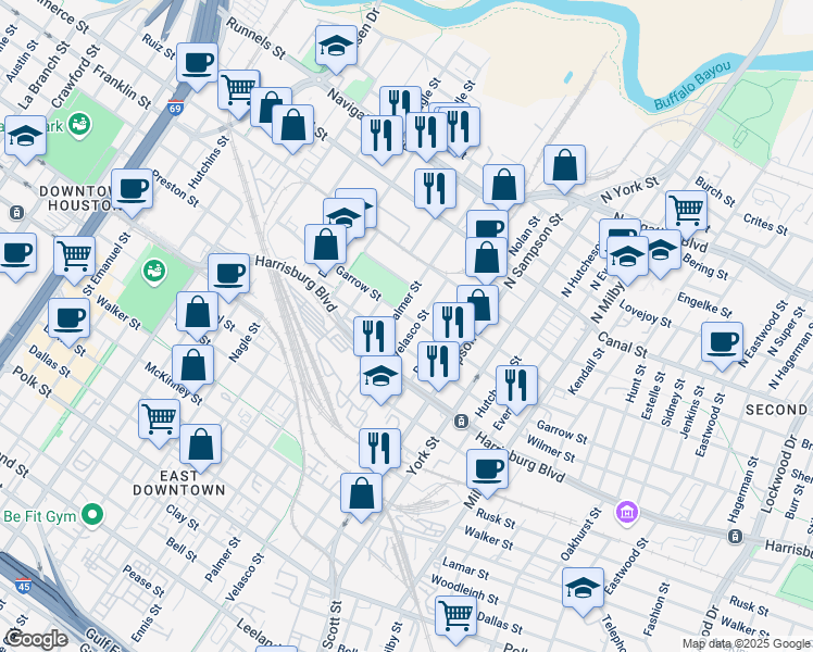 map of restaurants, bars, coffee shops, grocery stores, and more near 304 Palmer Street in Houston