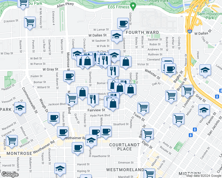 map of restaurants, bars, coffee shops, grocery stores, and more near 308 Willard Street in Houston